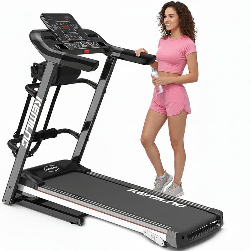 Foldable treadmill side view showing wide 54cm platform