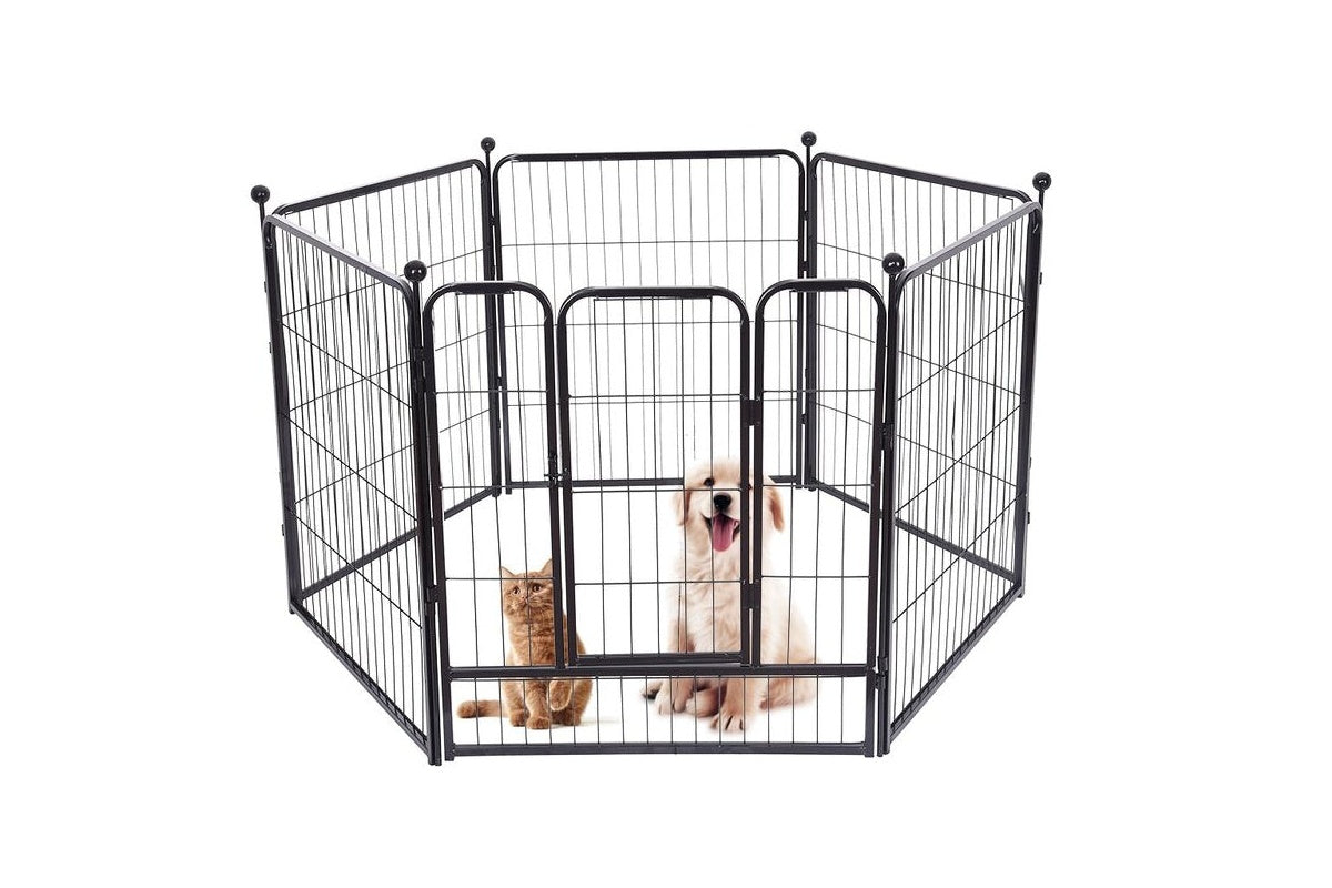 Close up of dog play pen metal latch and door lock