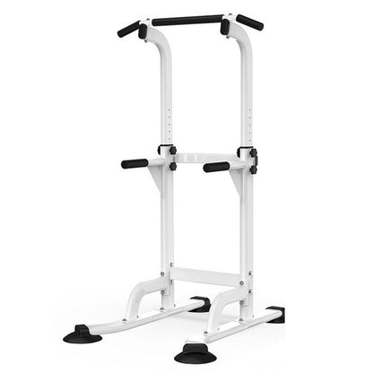 Chin up pull up station front view showing white metal frame