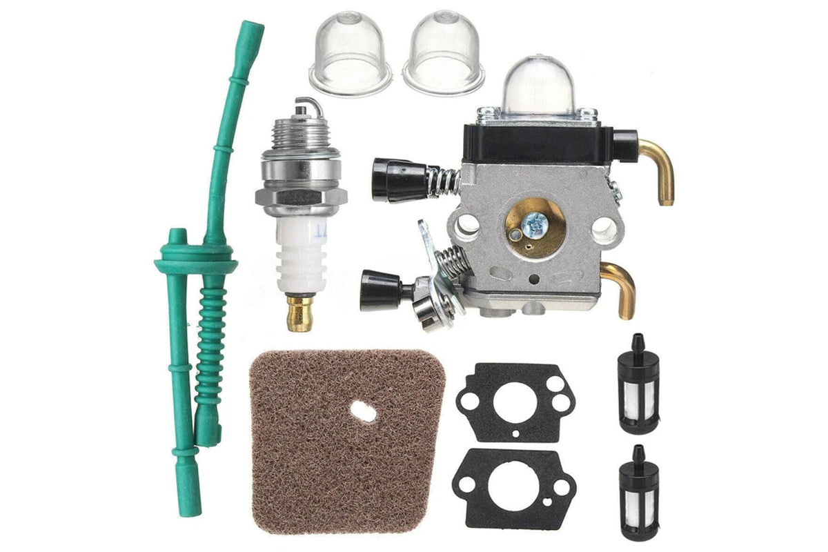 Carburettor air fuel filter kit parts laid out for STIHL models