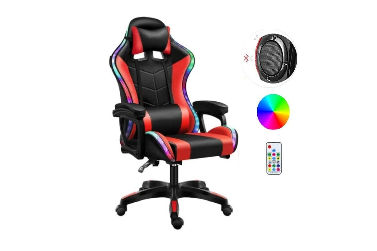Side view of gaming chair with adjustable recline and footrest