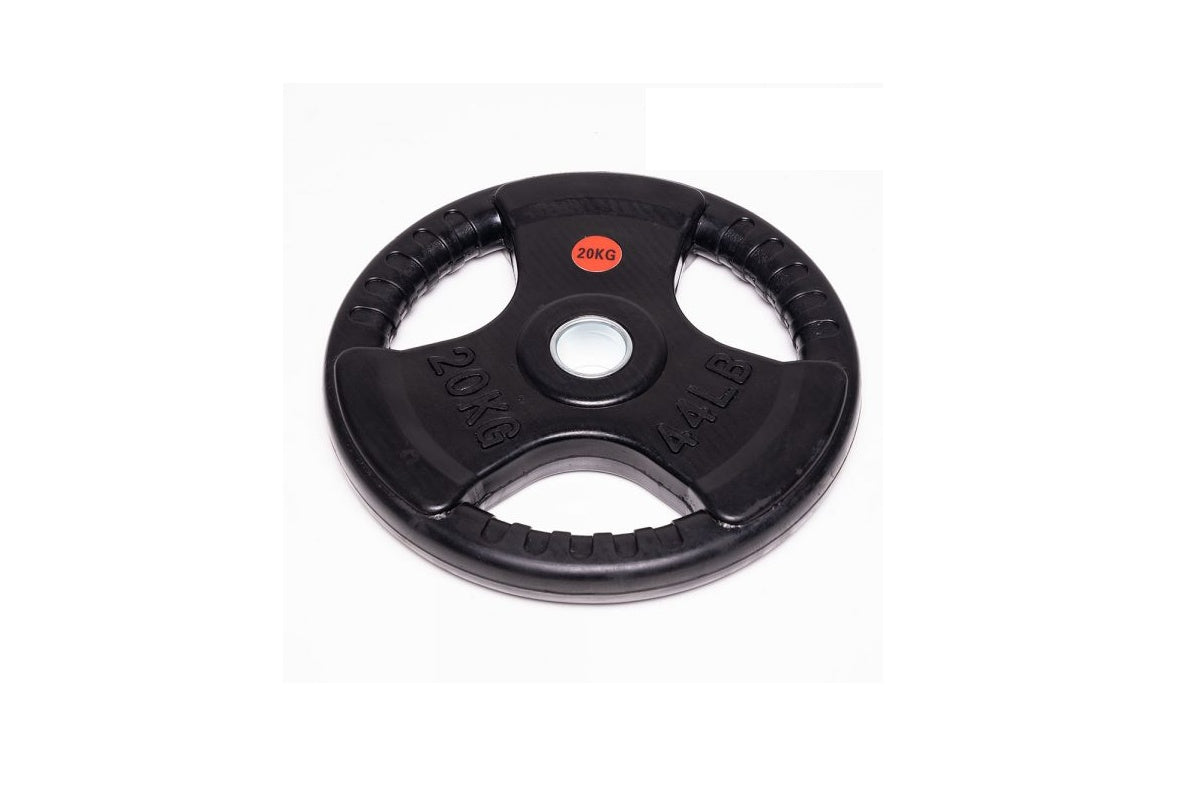 Close-up of three-hole handle on Olympic bumper weight plate