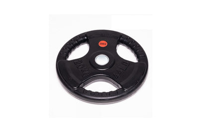Close-up of three-hole handle on Olympic bumper weight plate