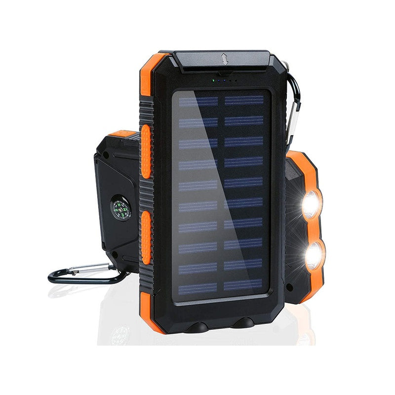 Solar power bank 15000mAh showing orange colour and compact design