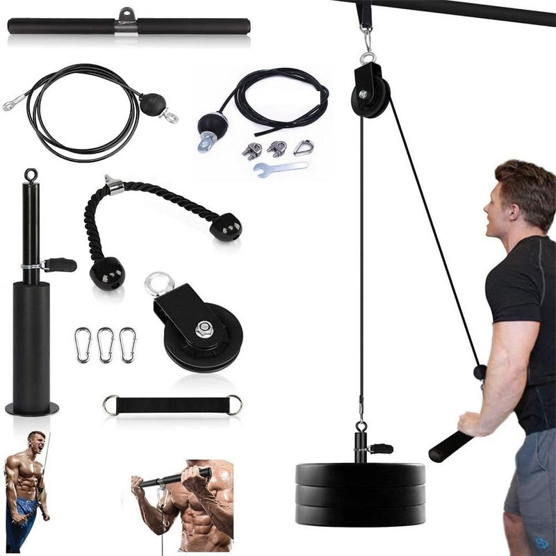 Fitness Lift Pulley System showing black metal frame and cables