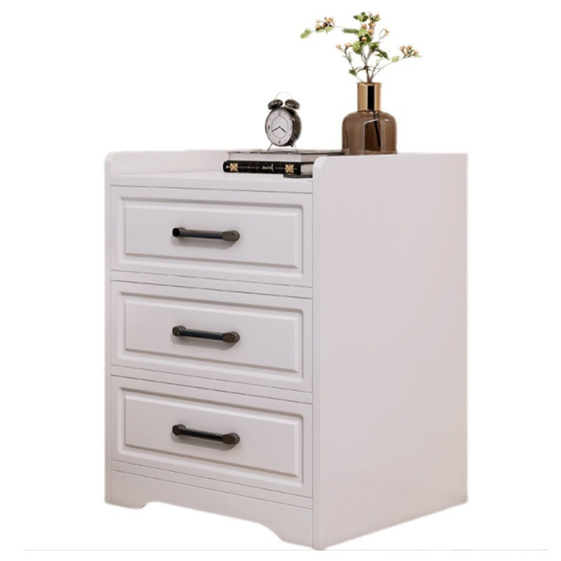 Bedside table with drawer showing white wood finish
