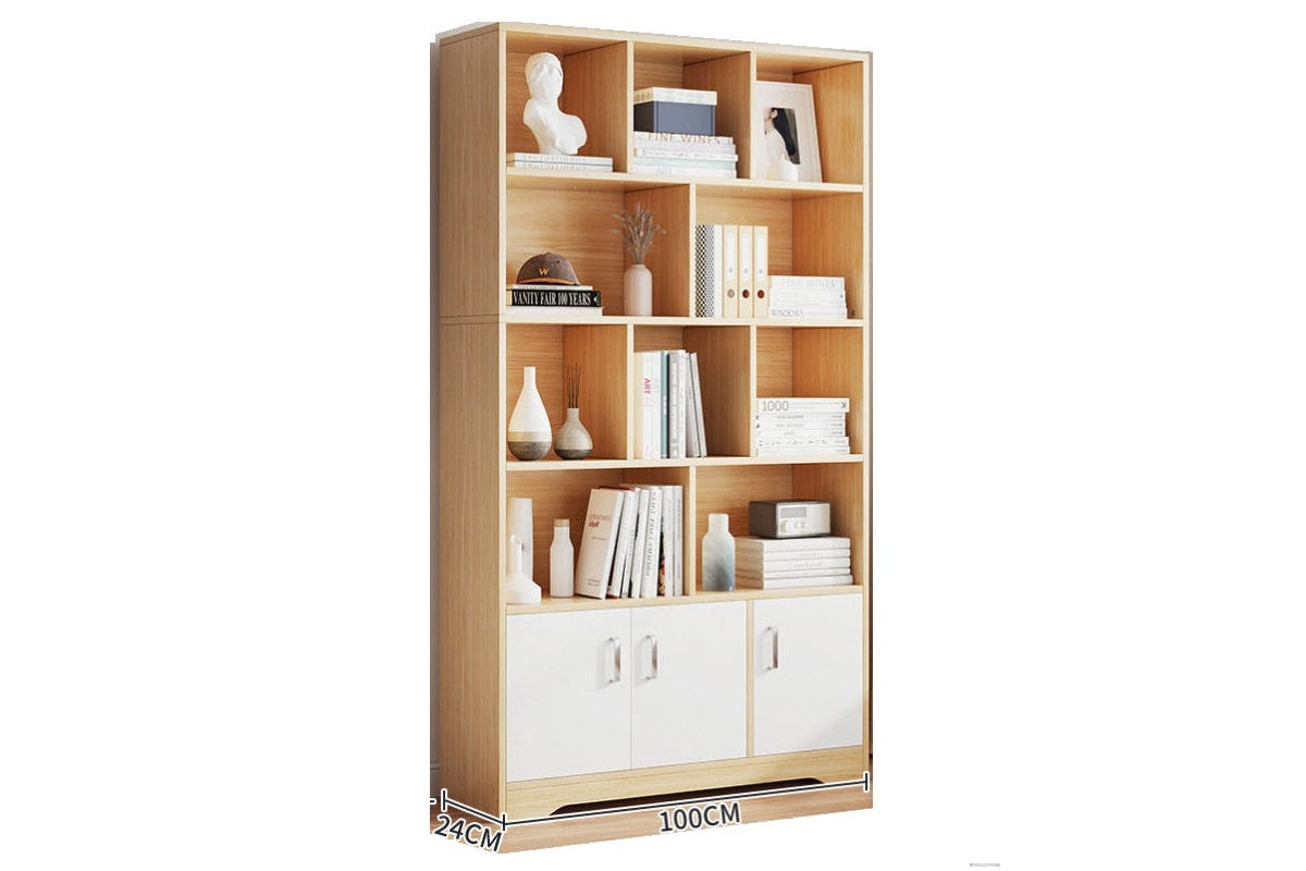 Side angle of bookshelf stack bookcase showing open shelves