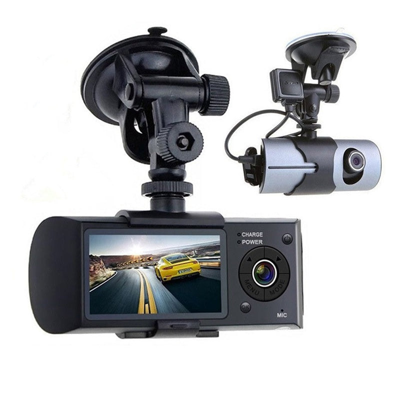 Dual car dash camera front view showing 25 inch LCD screen