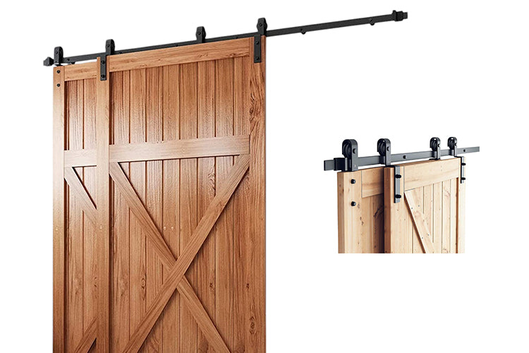 Side view of barn door hardware 36M showing sliding rollers