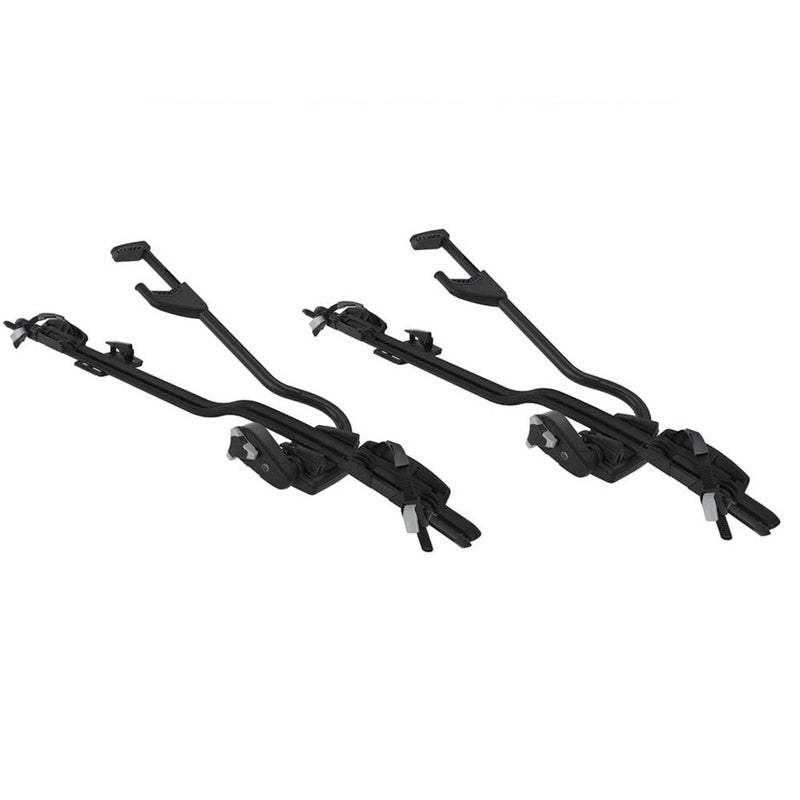 Car roof bike rack showing side view with black aluminium frame