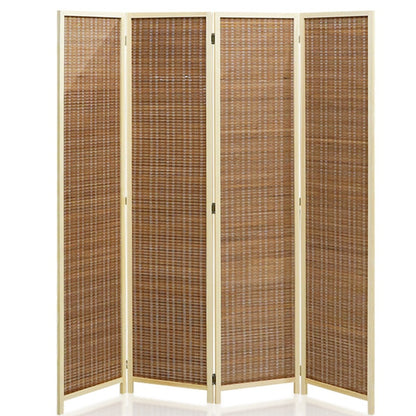 Room divider folding screen showing warm beige bamboo panels