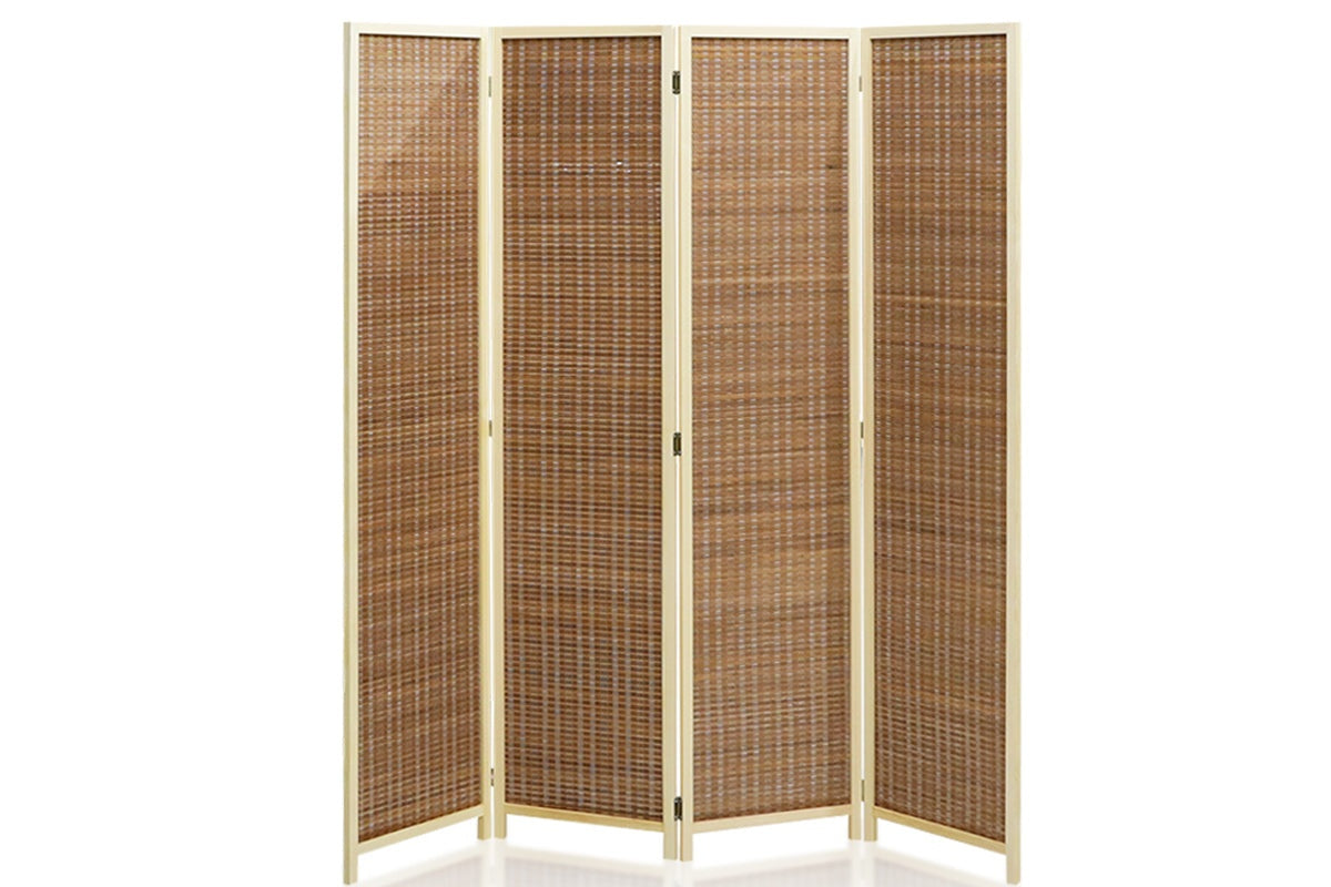 Side view of room divider folding screen with four hinged panels