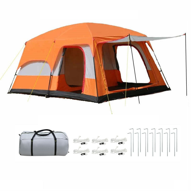 Camping tent 10 person front view showing orange and grey colours