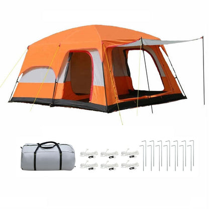Camping tent 10 person front view showing orange and grey colours
