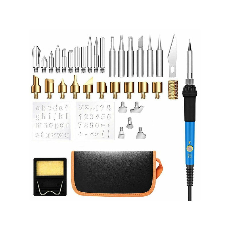 Wood burning pyrography pen kit showing full 37 piece set