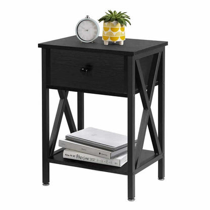 Bedside table black wood finish with drawer front view