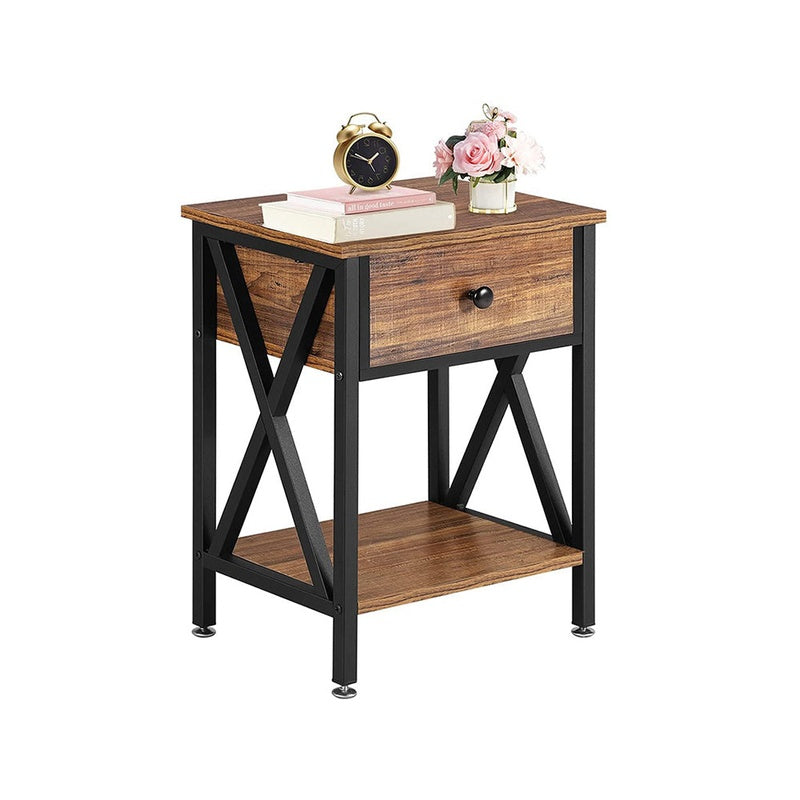 Bedside table in antique brown showing front view with drawer