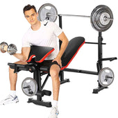 Adjustable sit up weight bench showing black vinyl padded seat
