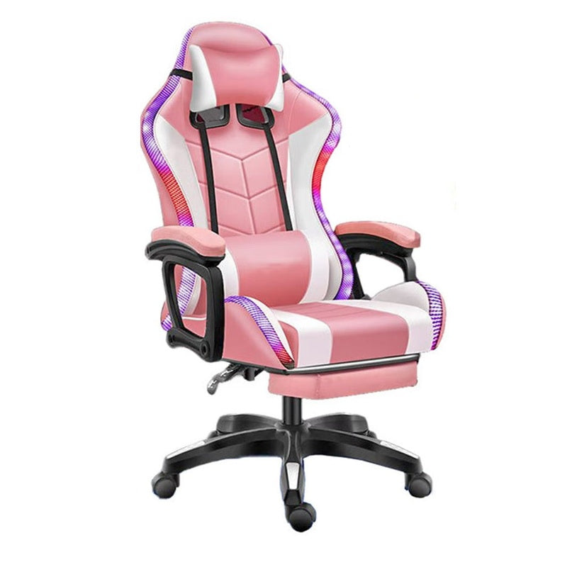 Gaming chair with footrest showing pink PU leather seat