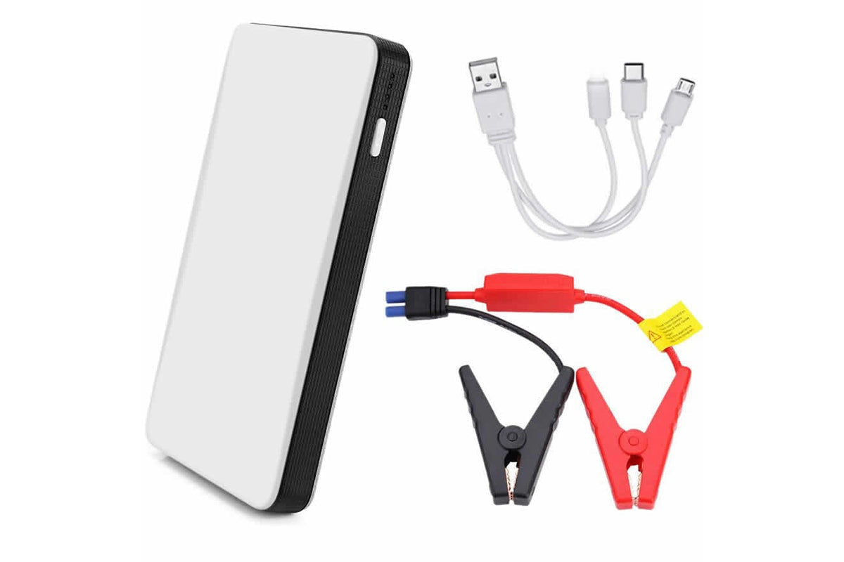 Portable car jump starter with clamps attached