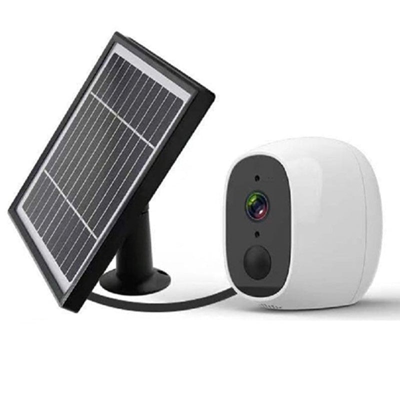 Security camera solar CCTV showing front view with solar panel