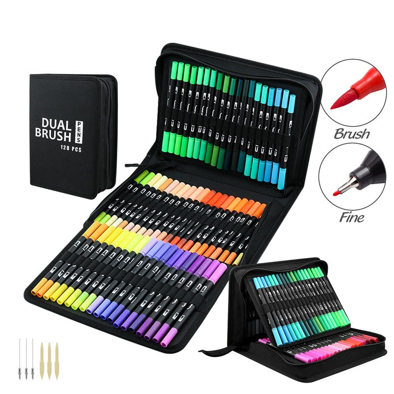 Water colour markers set showing 120 vibrant colours in black case