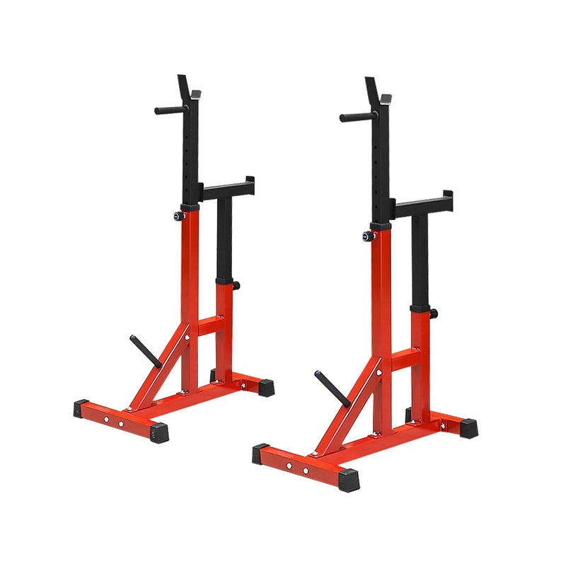 Squat rack barbell stand in black and red steel frame