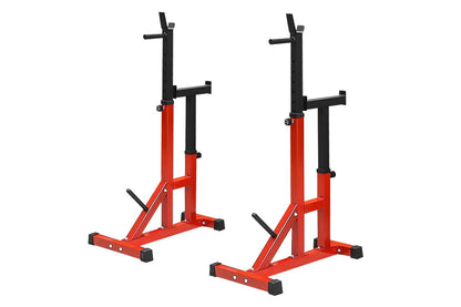 Adjustable height squat rack showing safety rubber caps