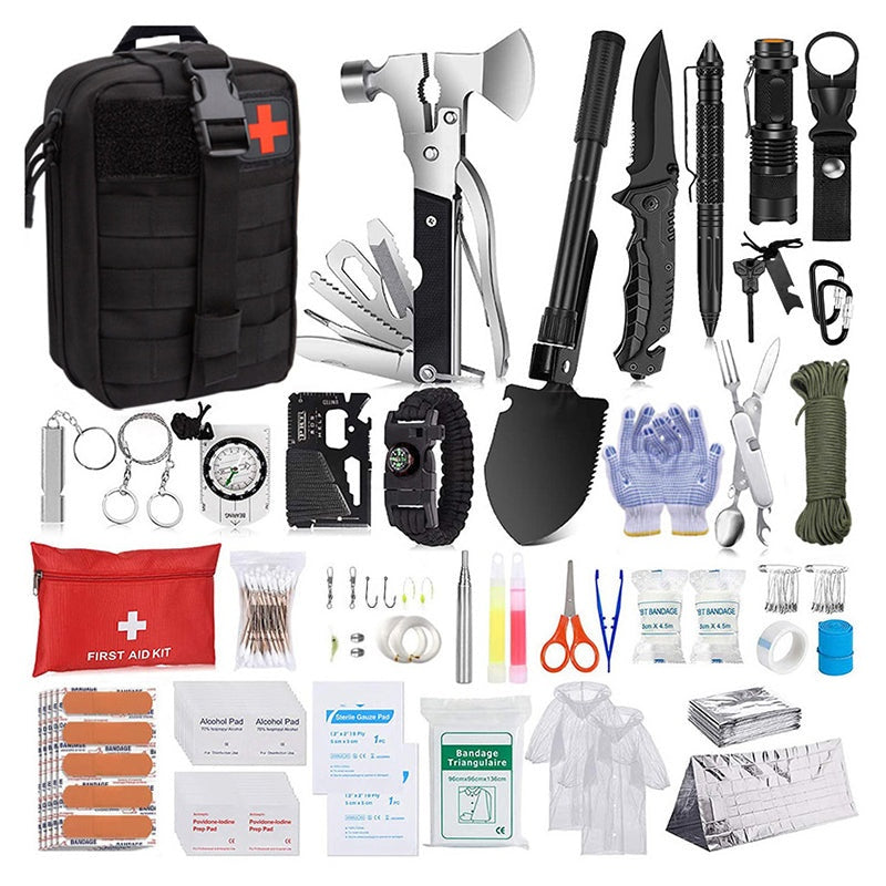 Emergency survival kit set showing black Molle pouch exterior