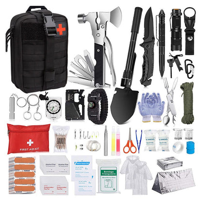 Emergency survival kit set showing black Molle pouch exterior