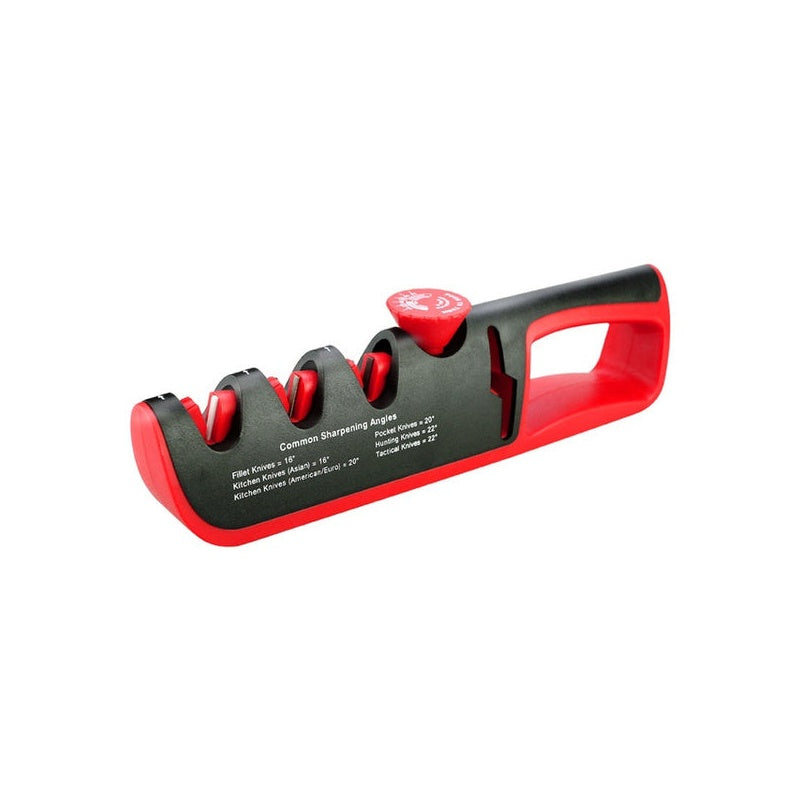 Knife sharpener showing adjustable angle button in close up