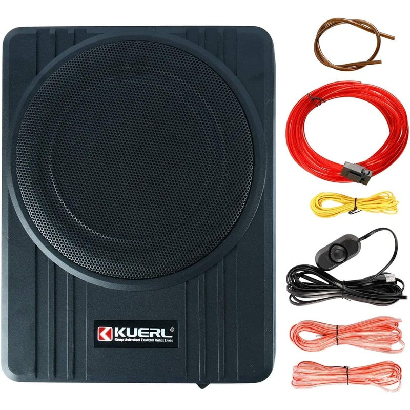 Under seat car subwoofer side view showing slim 68mm height