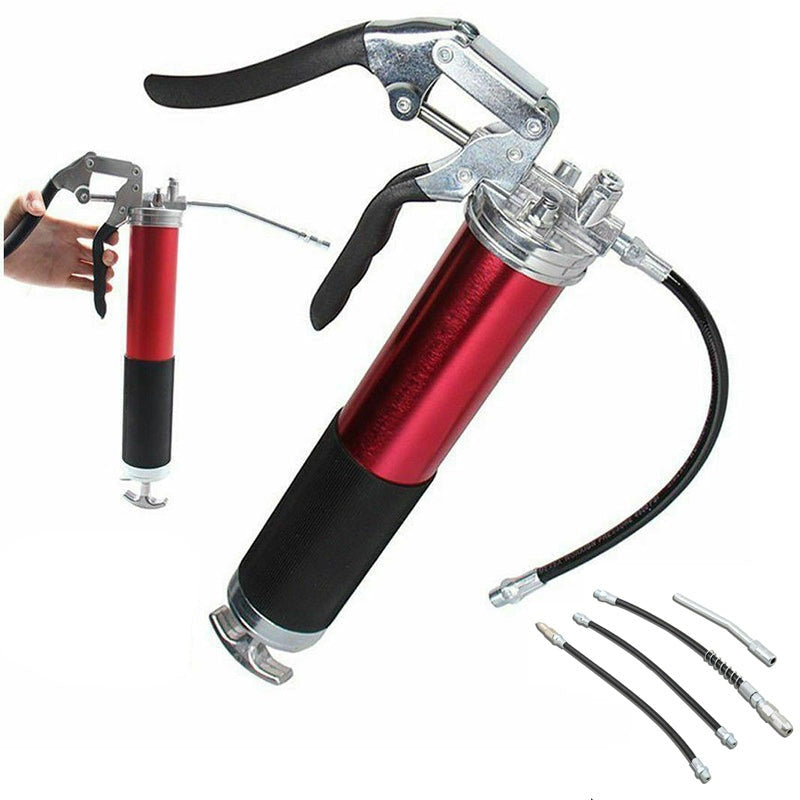 Grease dispenser with red and black anodised aluminium barrel