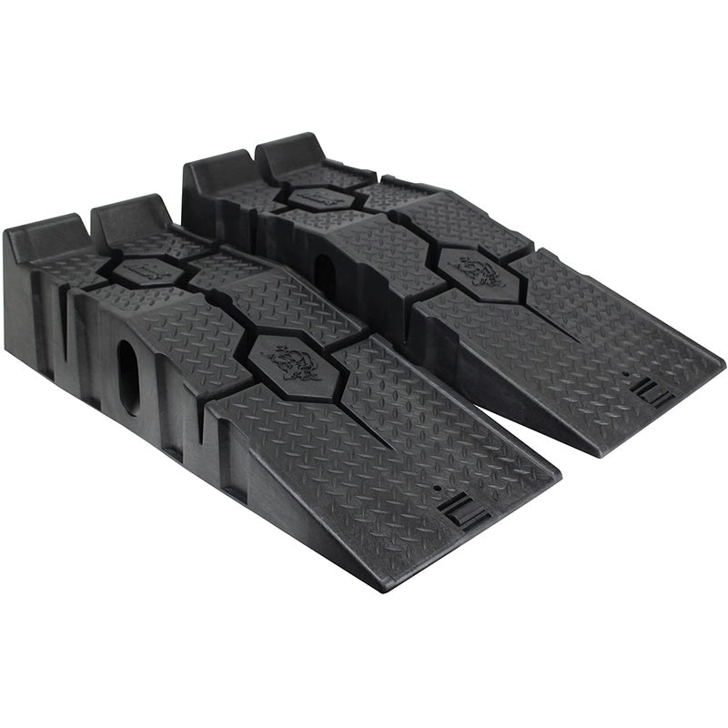 Car ramps pair showing heavy duty black plastic material