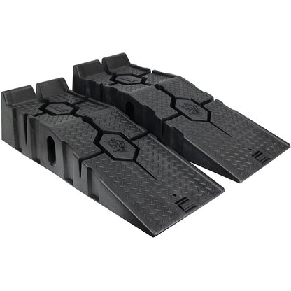 Car ramps pair showing heavy duty black plastic material