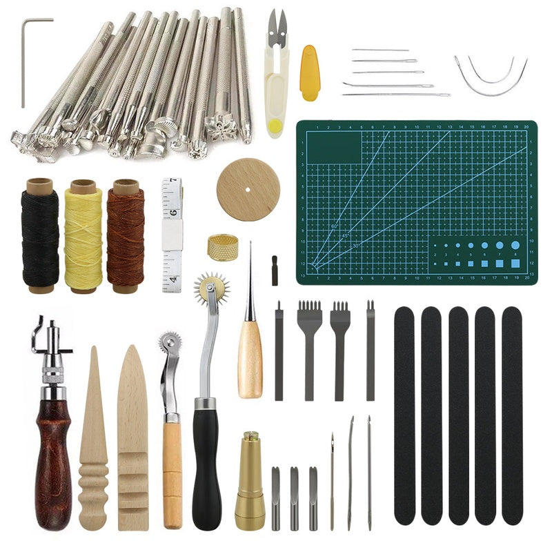 Leather craft tools kit showing all 59 pieces laid out