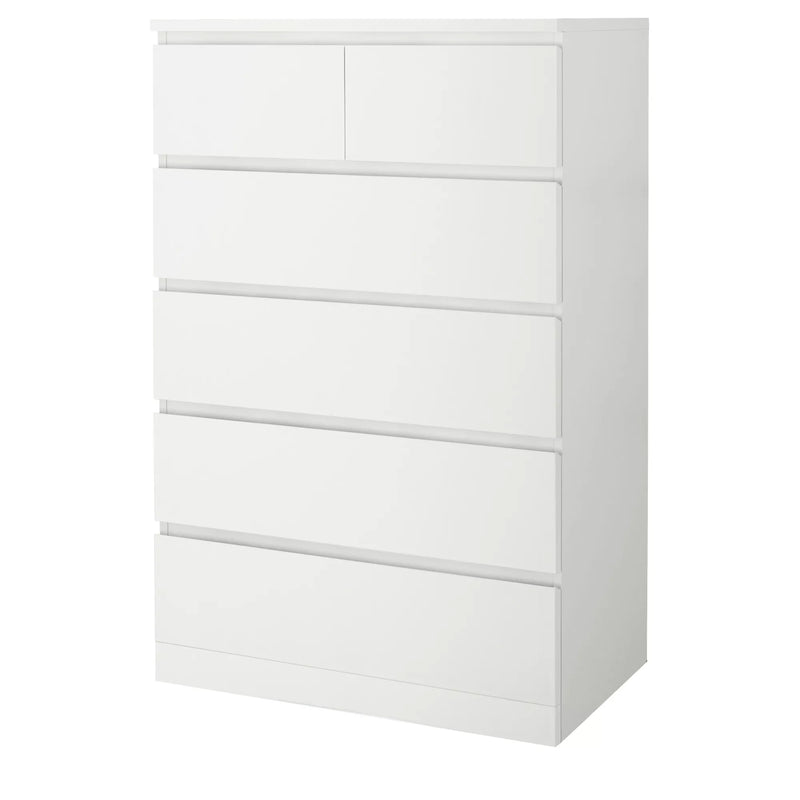 Tall boy drawers front view showing six storage drawers in white