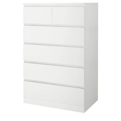 Tall boy drawers front view showing six storage drawers in white