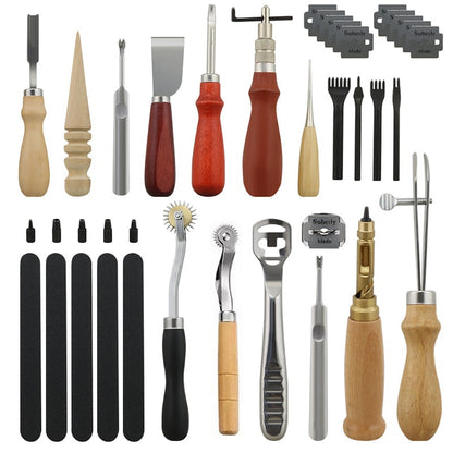 Leather craft tools kit showing all 18 pieces laid out