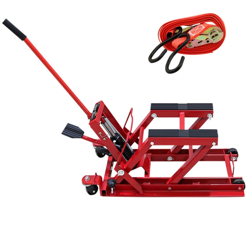 Motorcycle quad bike lifter jack side view showing hydraulic foot pedal