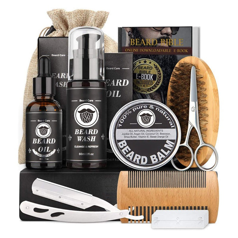 Beard grooming kit with organic oil and balm in storage bag