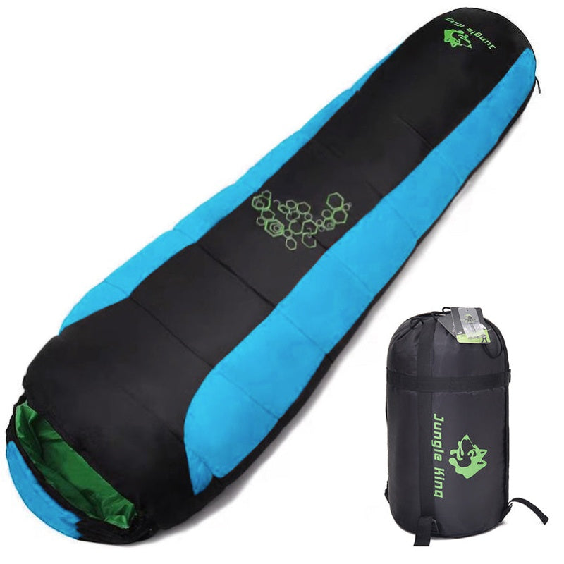 Sleeping bag in blue showing full length and hood design