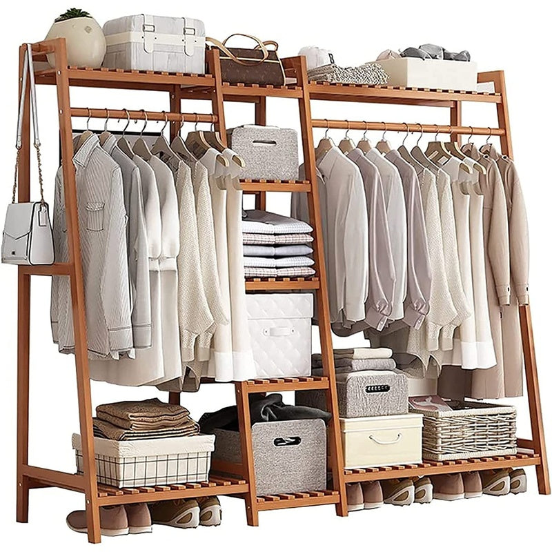 Wardrobe organiser clothes rack in bamboo showing full front view