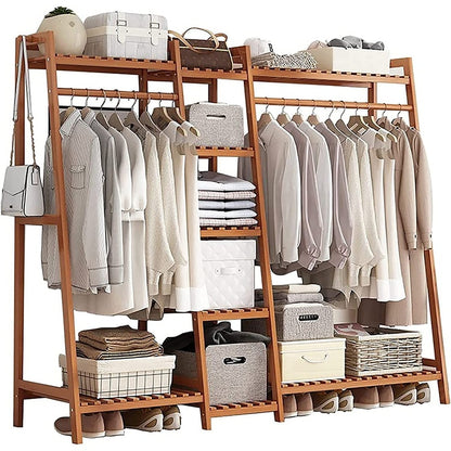 Wardrobe organiser clothes rack in bamboo showing full front view