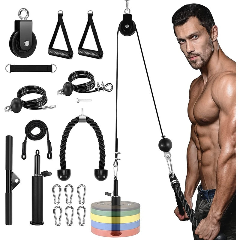 Fitness cable pulley system showing full setup with tricep rope attached