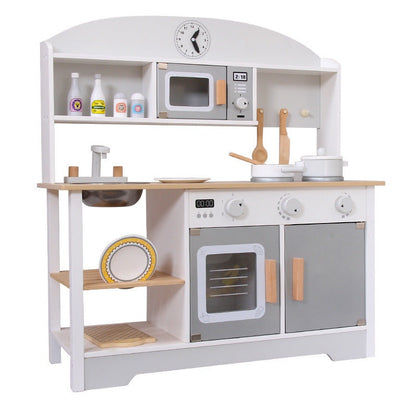 Kids kitchen set wooden playset front view with microwave and stove