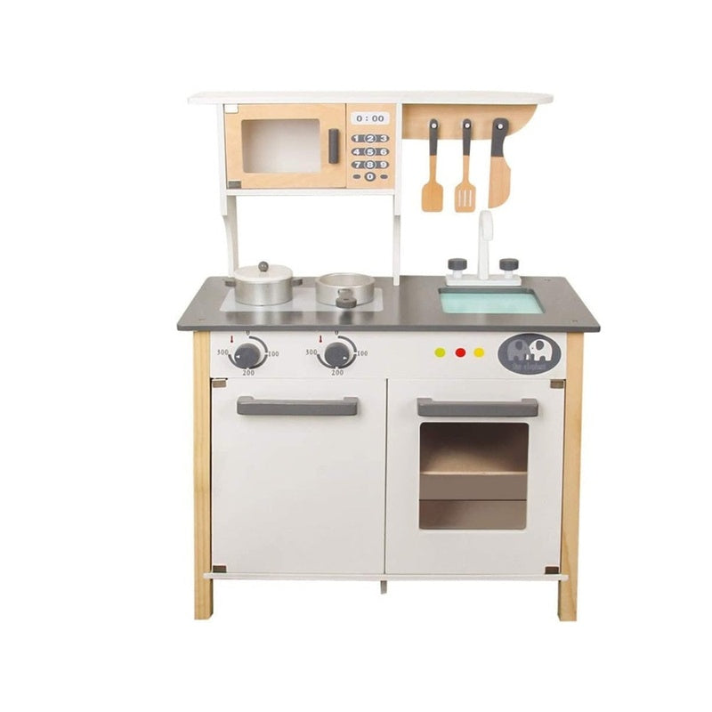 Wooden kitchen playset front view showing white finish