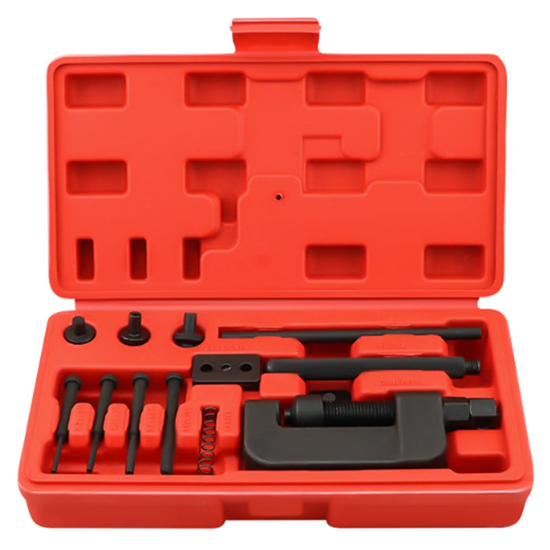Chain breaker riveting tool kit showing hardened steel press tool