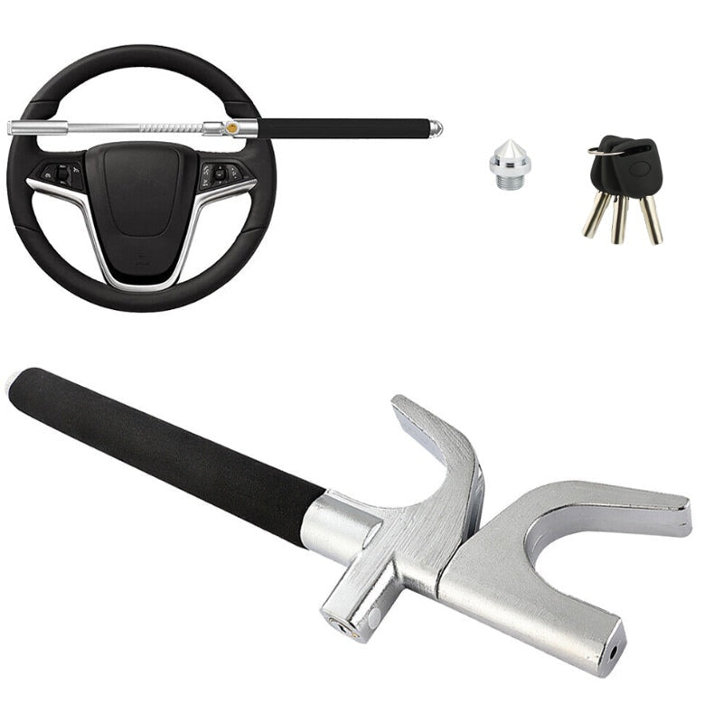 Car steering wheel lock showing silver stainless steel finish