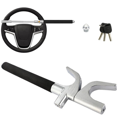Car steering wheel lock showing silver stainless steel finish